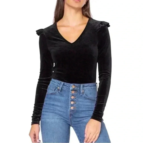 Black velvet bodysuit CELEBRITY PINK Jet black long sleeve v-neck womens large - Picture 1 of 9